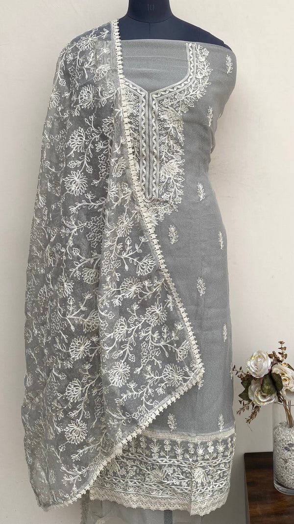 Designer Embroidered Suit Length 3 Piece Gray Kota