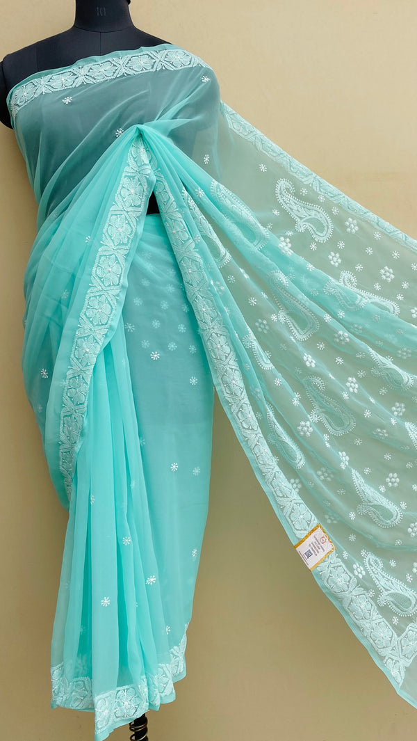 Lucknowi Chikankari Saree Sea Green Georgette With Jaali Work