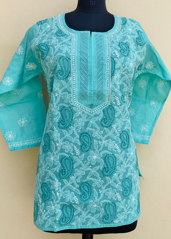 Lucknowi Chikankari Short Kurti Sea Green Cotton