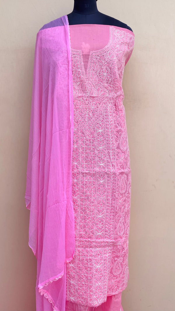 Lucknowi Chikankari Suit Length 3 Piece Pink Cotton