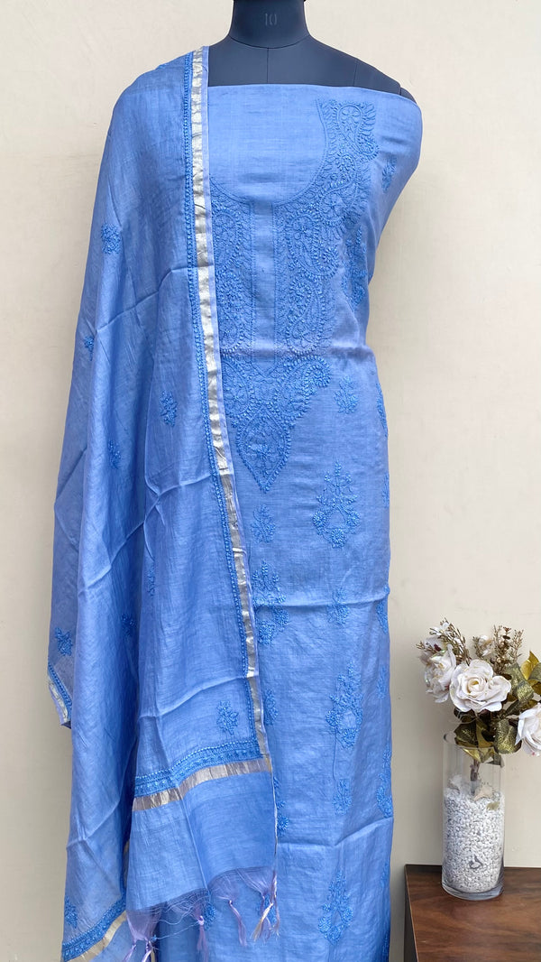 Lucknowi Chikankari Suit Length 2 Piece Blue Mal Chanderi