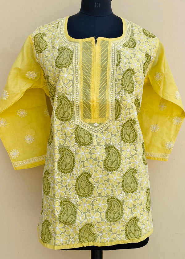 Lucknowi Chikankari Short Kurti Yellow Cotton