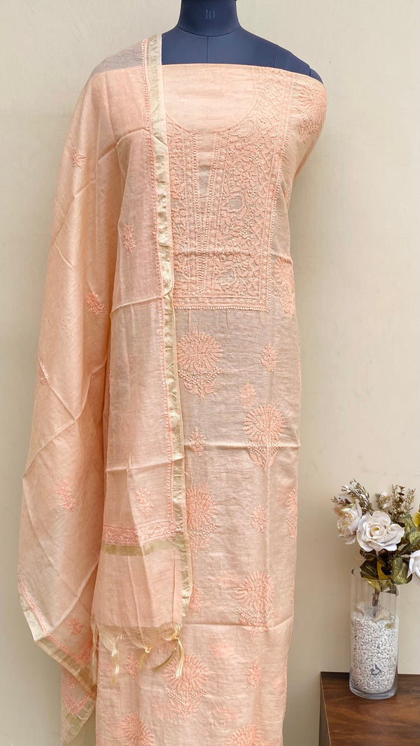 Lucknowi Chikankari Suit Length 2 Piece Peach Mal Chanderi