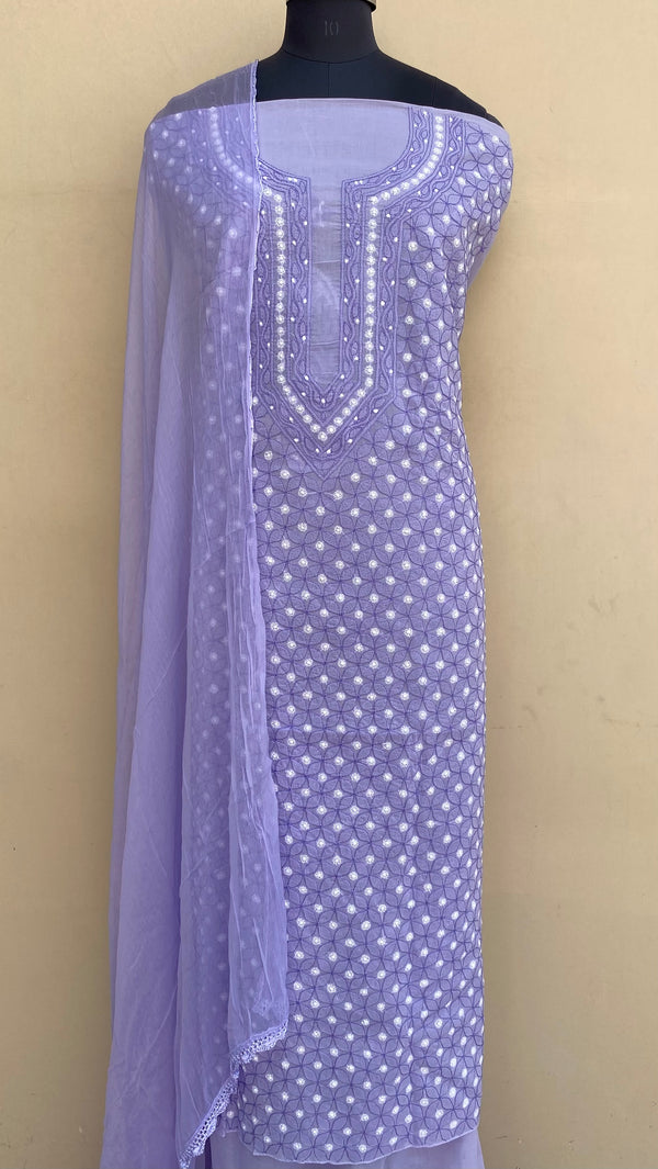 Lucknowi Chikankari Suit Length 3 Piece Purple Cotton