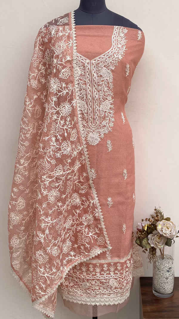 Designer Embroidered Suit Length 3 Piece Peach Kota