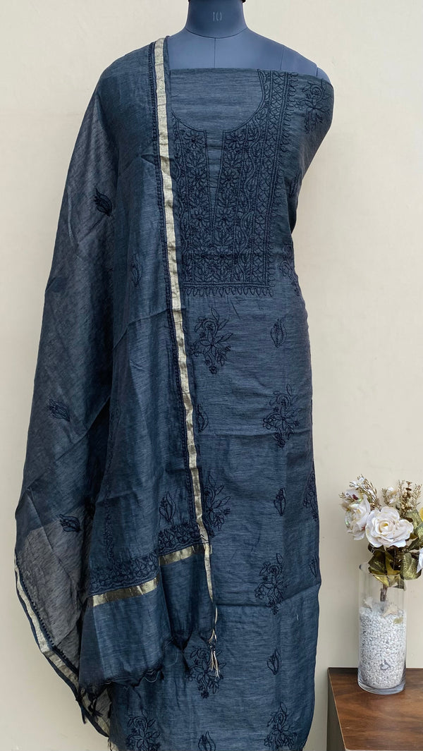Lucknowi Chikankari Suit Length 2 Piece Black Mal Chanderi