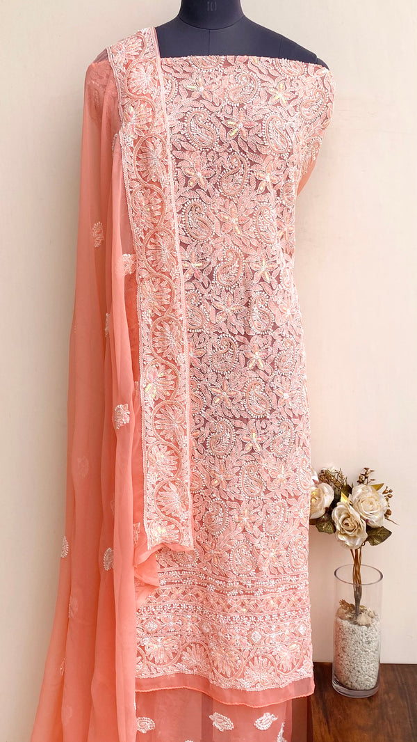Lucknowi Chikankari Suit Length 3 Piece Peach Georgette With Pearl & Sequence Work