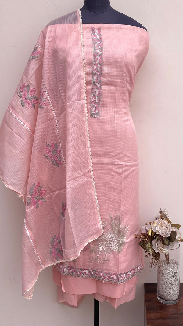Designer Embroidered Suit Length 3 Piece Peach Kota
