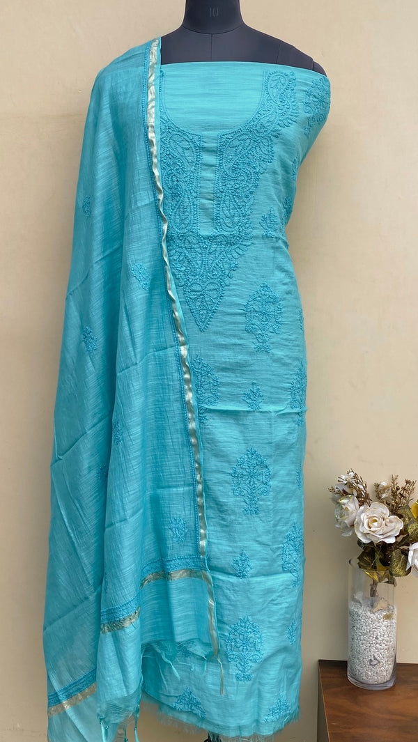 Lucknowi Chikankari Suit Length 2 Piece Sea Green Mal Chanderi