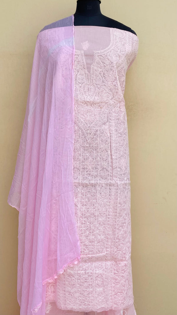 Lucknowi Chikankari Suit Length 3 Piece Pink Cotton