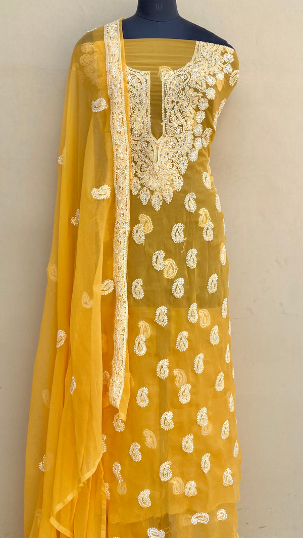 Lucknowi Chikankari Suit Length 3 Piece Mustard Georgette