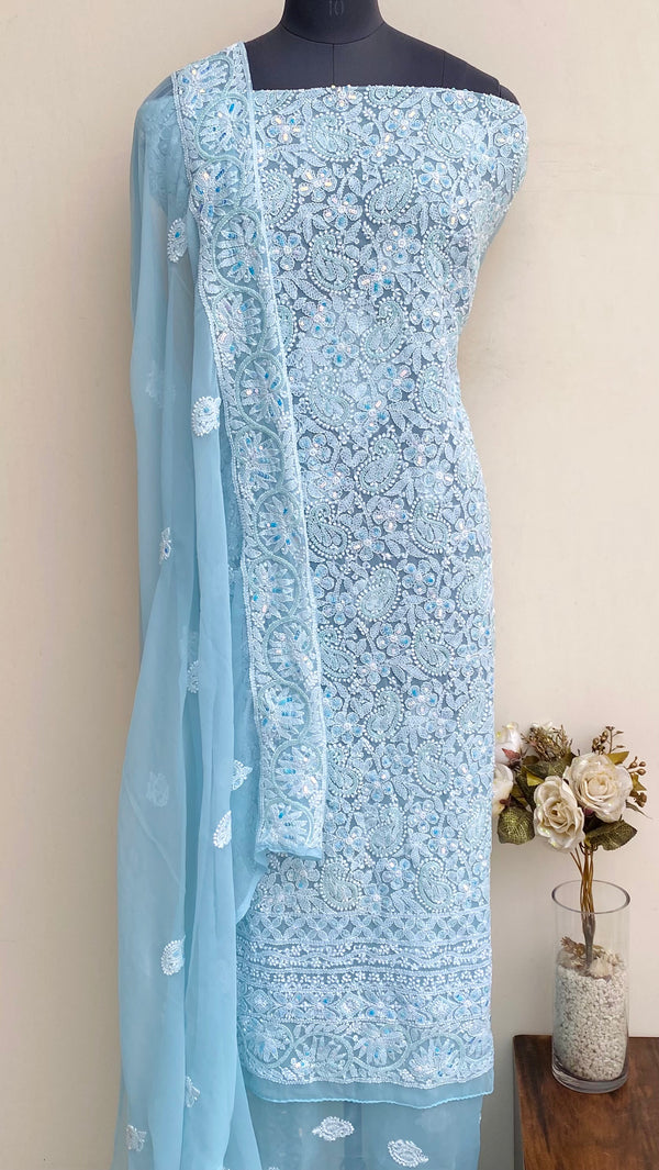 Lucknowi Chikankari Suit Length 3 Piece Blue Georgette With Pearl & Sequence Work