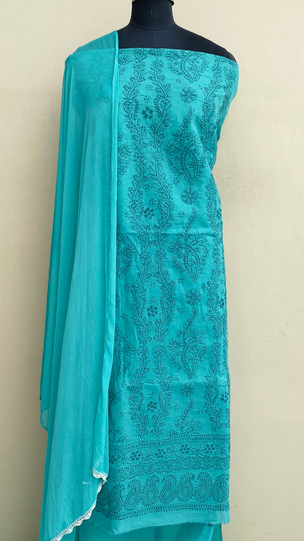 Lucknowi Chikankari Suit Length 3 Piece Sea Green Cotton