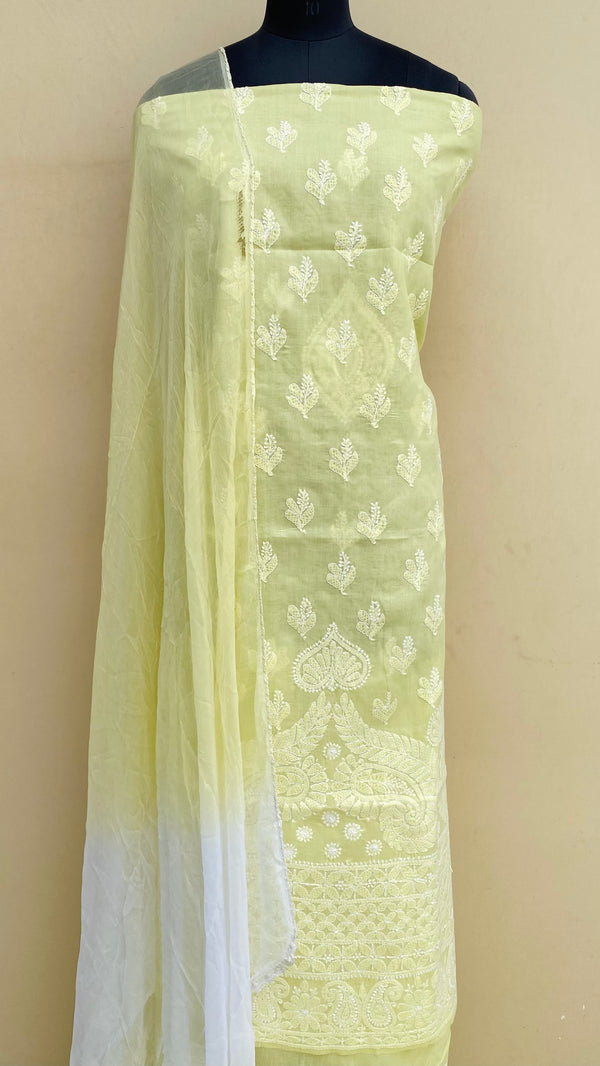 Lucknowi ChikanKari Suit Length 3 Piece Lemon Yellow Cotton