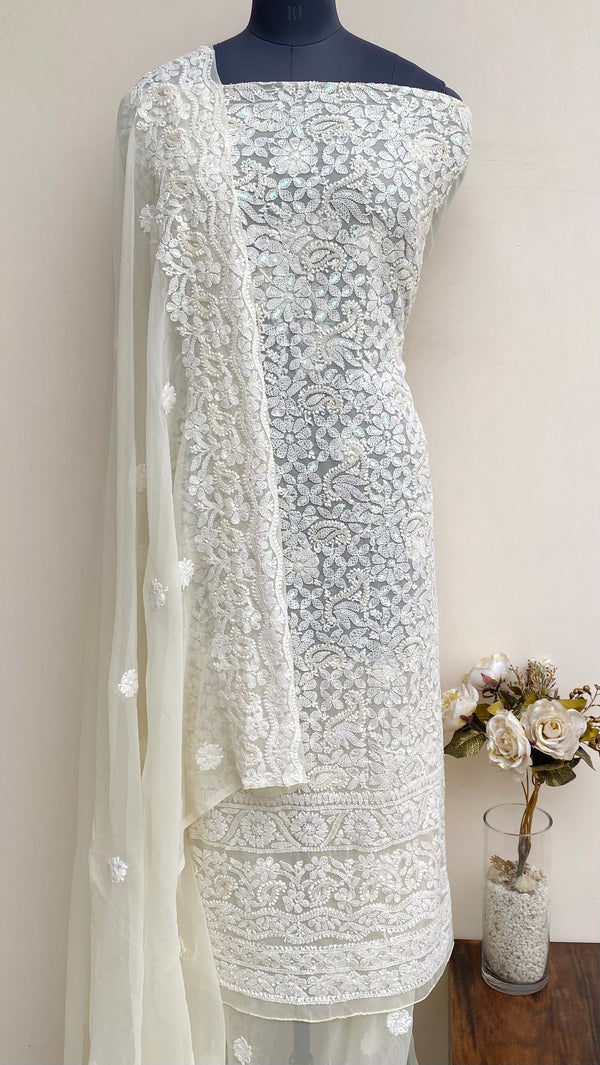 Lucknowi Chikankari Suit Length 3 Piece Cream Georgette With Pearl & Sequence Work