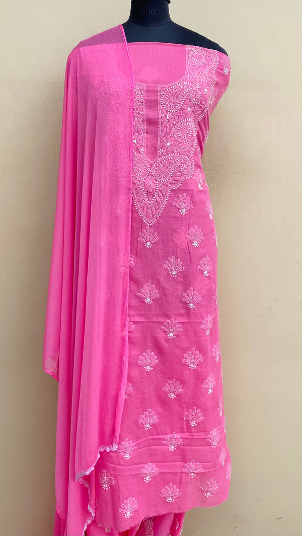 Lucknowi Chikankari Suit Length 3 Piece Pink Cotton