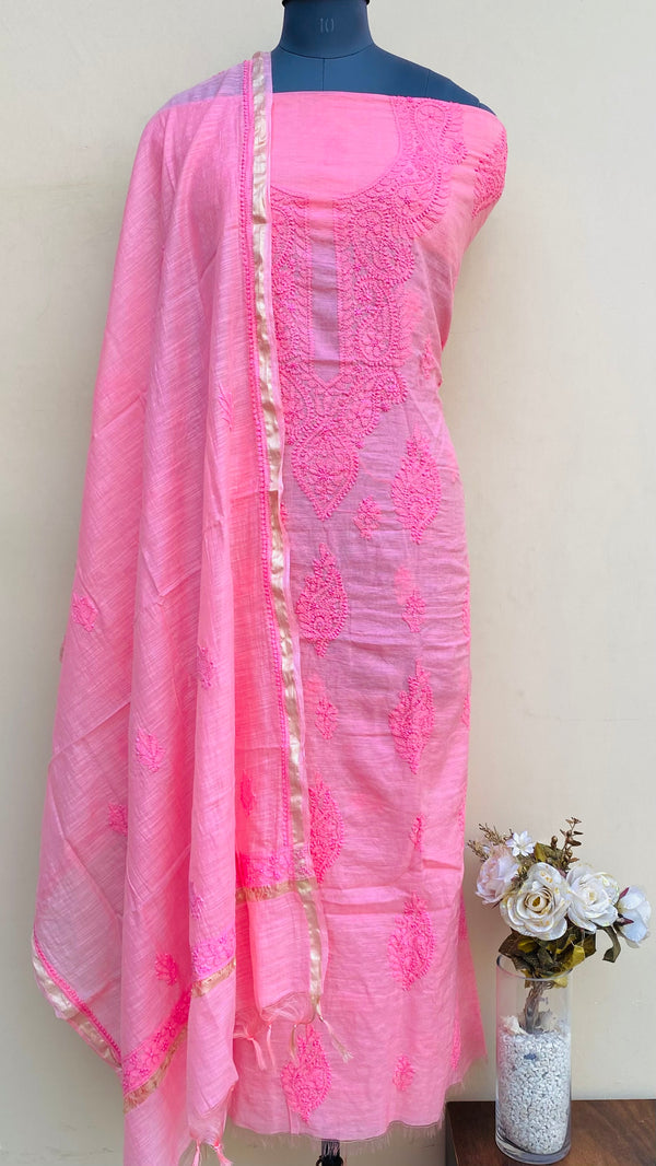 Lucknowi Chikankari Suit Length 2 Piece Pink Mal Chanderi