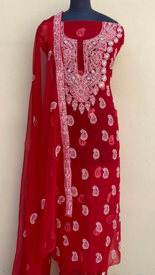 Lucknowi Chikankari Suit Length 3 Piece Red Georgette