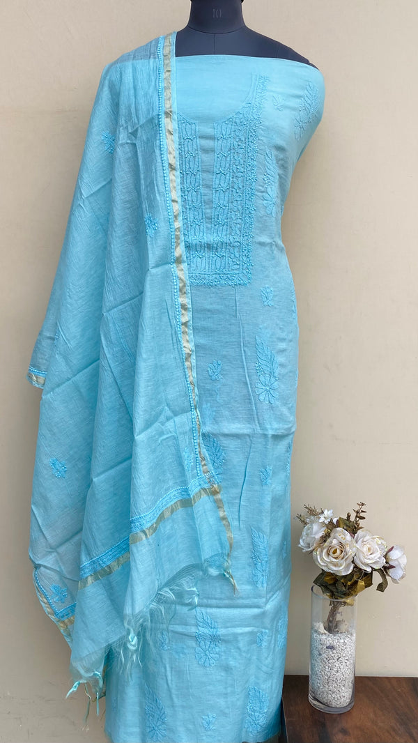 Lucknowi Chikankari Suit Length 2 Piece Sea Green Mal Chanderi