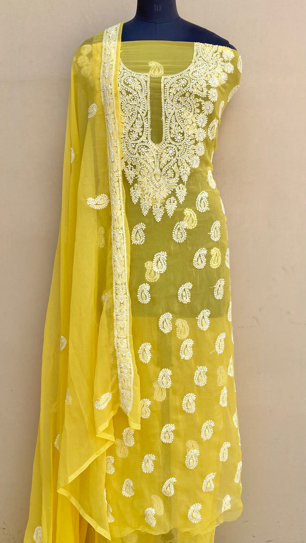 Lucknowi Chikankari Suit Length 3 Piece Yellow Georgette