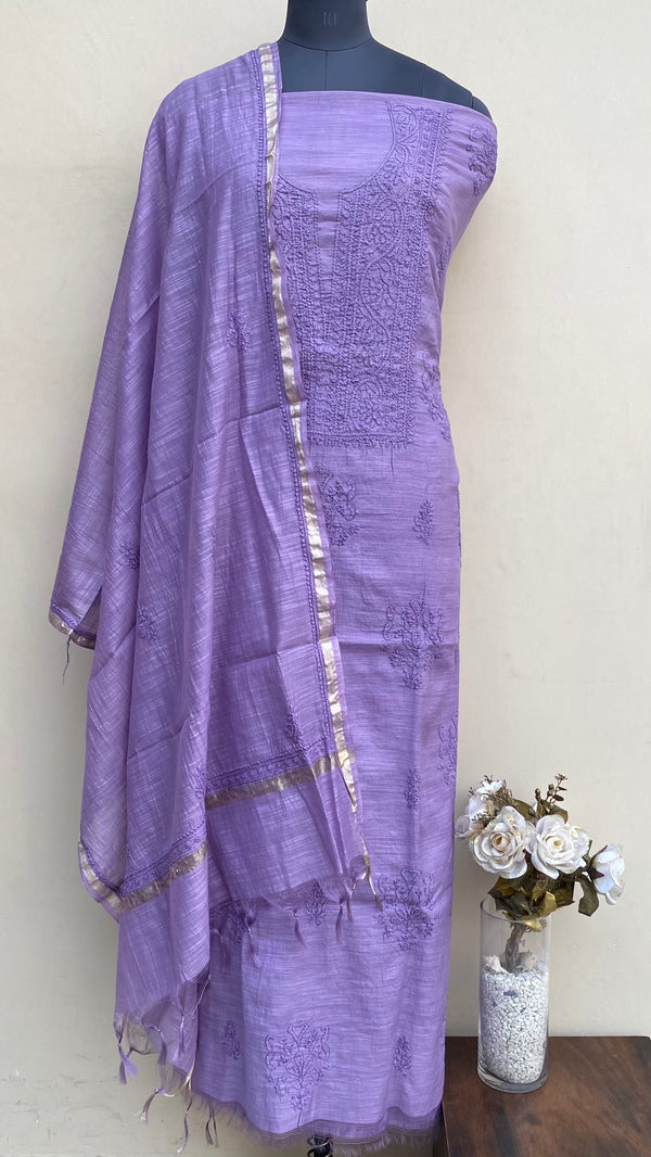 Lucknowi Chikankari Suit Length 2 Piece Purple Mal Chanderi