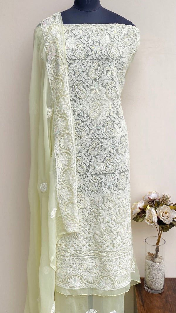 Lucknowi Chikankari Suit Length 3 Piece Lemon Yellow Georgette With Pearl & Sequence Work