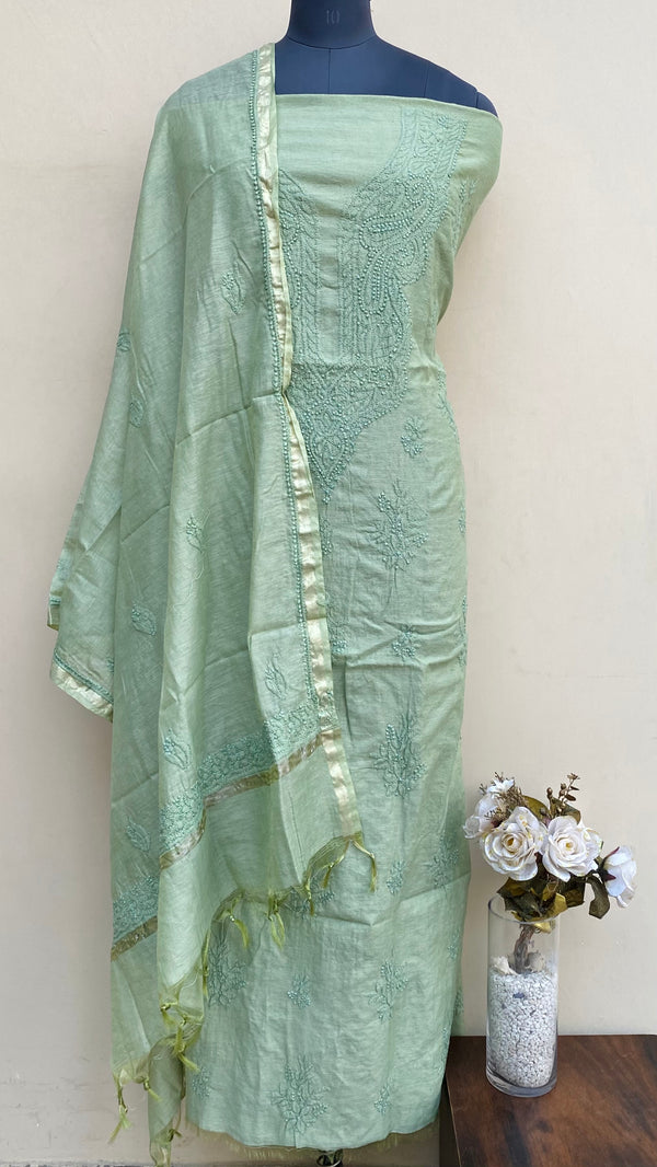 Lucknowi Chikankari Suit Length 2 Piece  Green Mal Chanderi