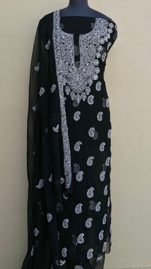 Lucknowi Chikankari Suit Length 3 Piece Black Georgette