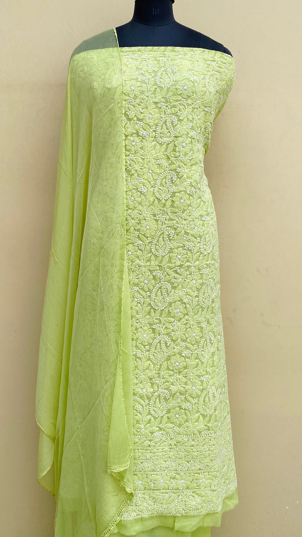 Lucknowi ChikanKari Suit Length 3 Piece Green Mulmul Cotton