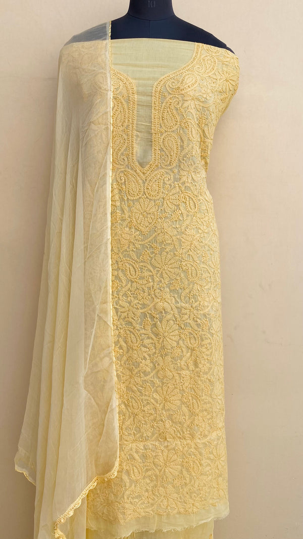 Lucknowi Chikankari Suit Length 3 Piece Yellow Cotton