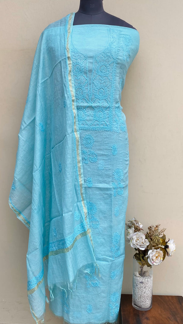 Lucknowi Chikankari Suit Length 2 Piece Sea Green Mal Chanderi