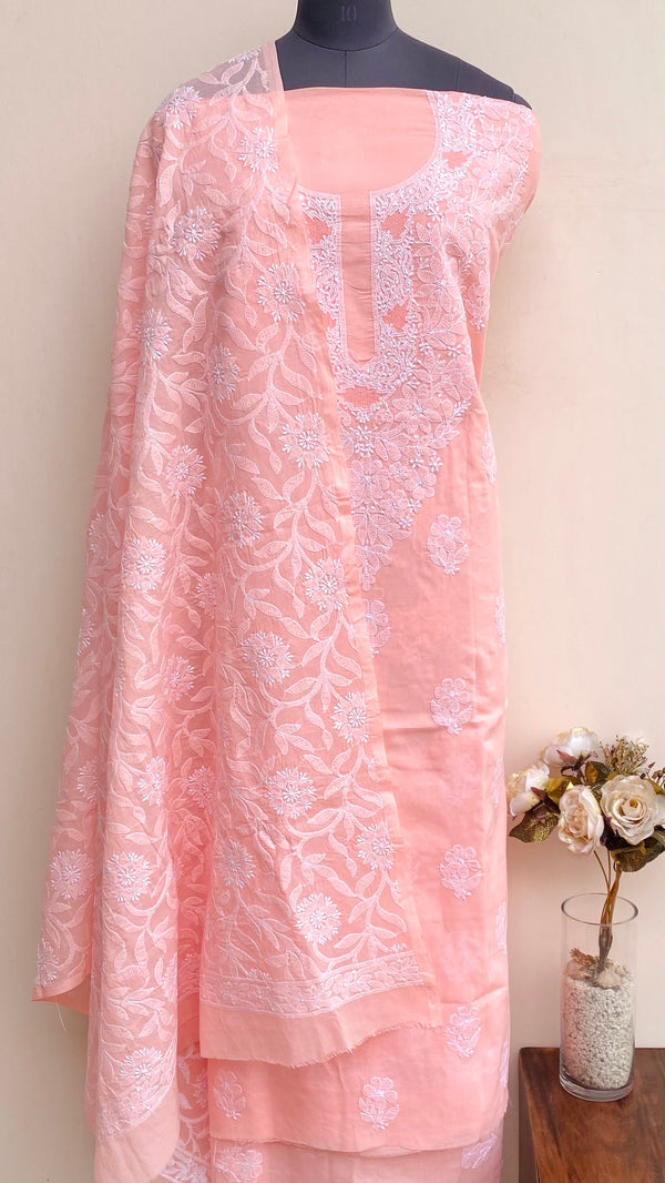Lucknowi Chikankari Suit Length 3 Piece Peach Cotton With Jaali Work With Embroidered Cotton Dupatta