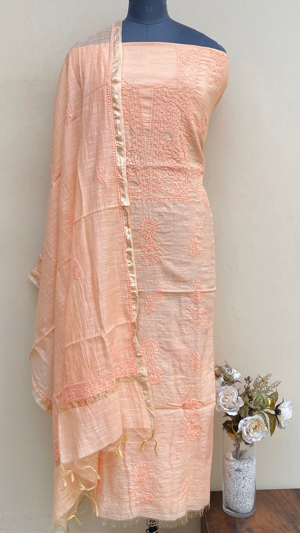 Lucknowi Chikankari Suit Length 2 Piece Peach Mal Chanderi