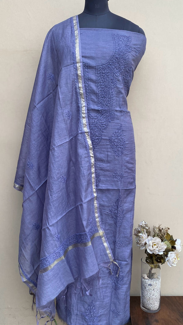 Lucknowi Chikankari Suit Length 2 Piece Purple Mal Chanderi