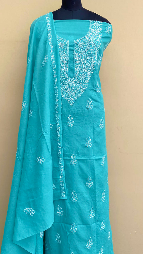 Lucknowi ChikanKari Suit Length 3 Piece Sea Green Cotton With Embroidered Cotton Dupatta