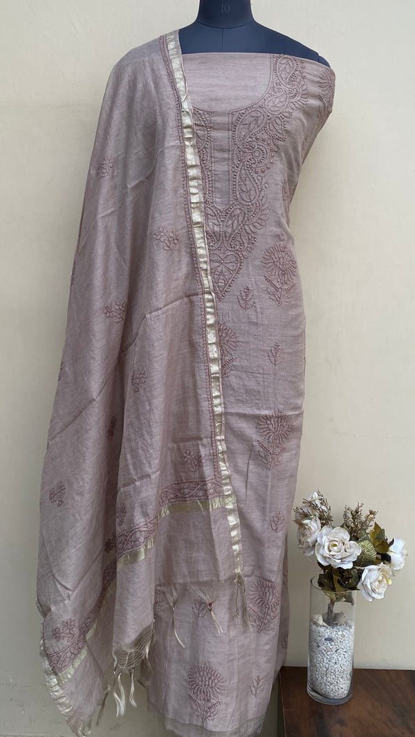 Lucknowi Chikankari Suit Length 2 Piece Brown Mal Chanderi