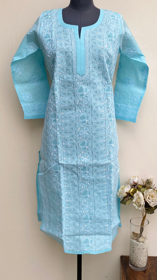 Lucknowi Chikankari Kurti Blue Cotton With Jaali Work