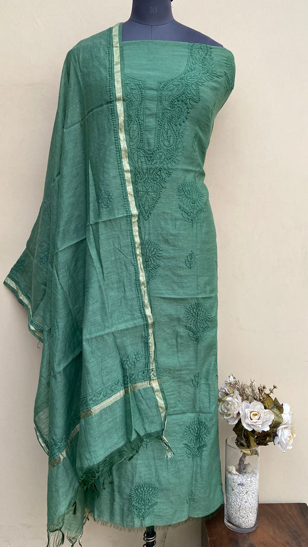 Lucknowi Chikankari Suit Length 2 Piece Bottle Green Mal Chanderi