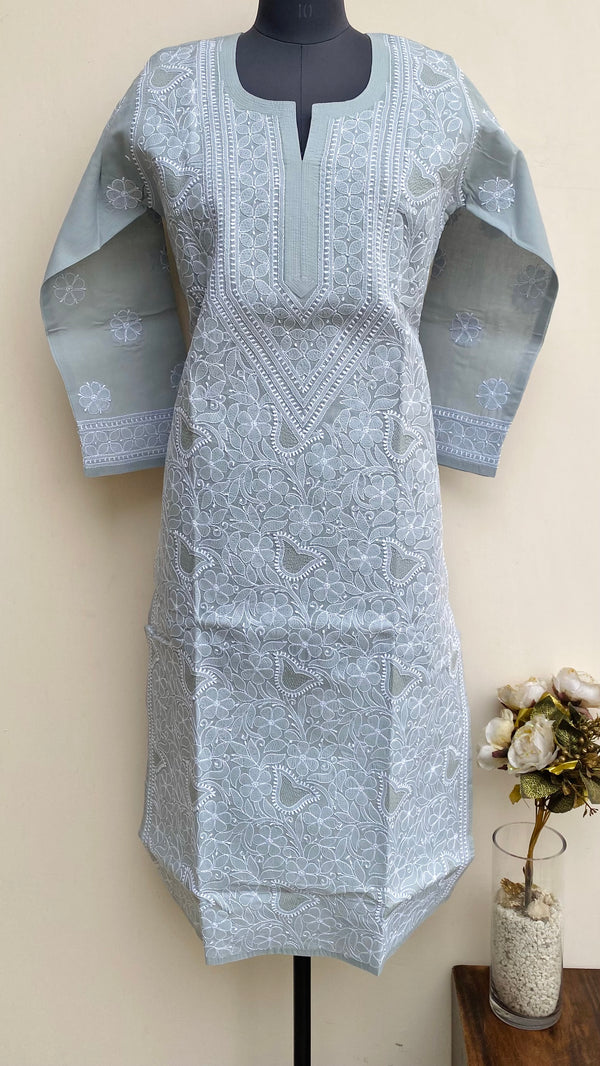 Lucknowi Chikankari Kurti Gray Cotton With Jaali Work