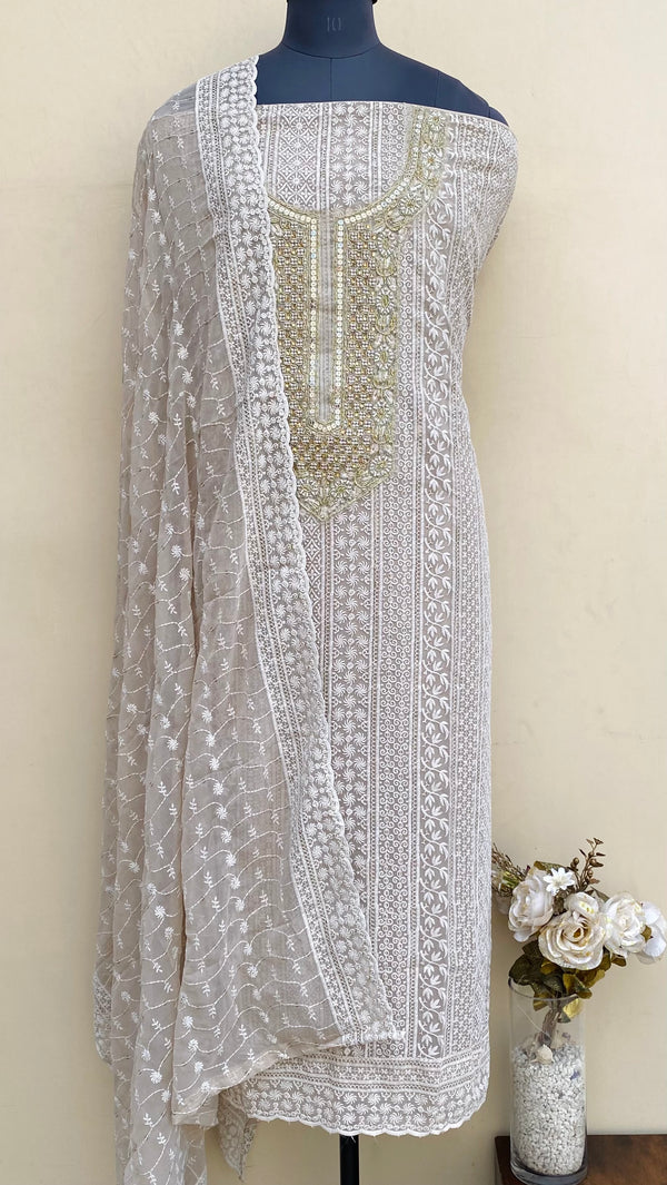 Chikankari Suit Length 3 Piece Beige Georgette With Pearl,Cutdana & Sequence Work