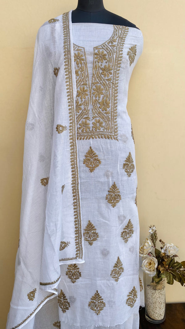 Lucknowi Chikankari Suit Length 2 Piece White Kota With 3D Work