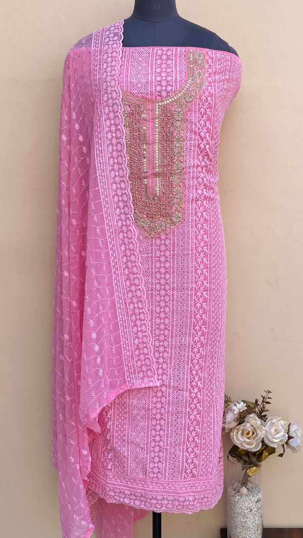 Chikankari Suit Length 3 Piece Pink Georgette With Pearl, Cutdana & Sequence Work