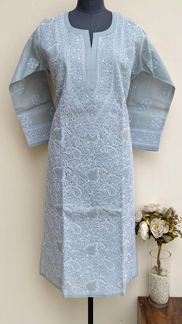 Lucknowi Chikankari Kurti Gray Cotton With Jaali Work
