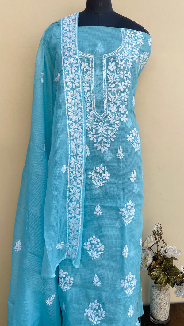 Lucknowi Chikankari Suit Length 2 Piece Blue Kota With 3D Work