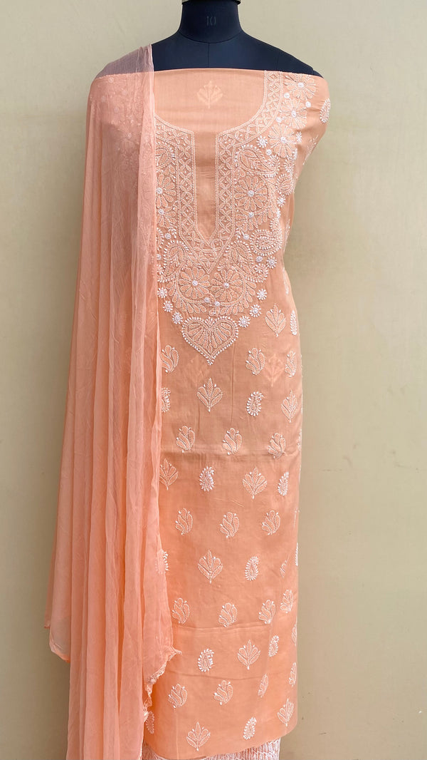 Lucknowi Chikankari Suit Length 3 Piece Peach Cotton