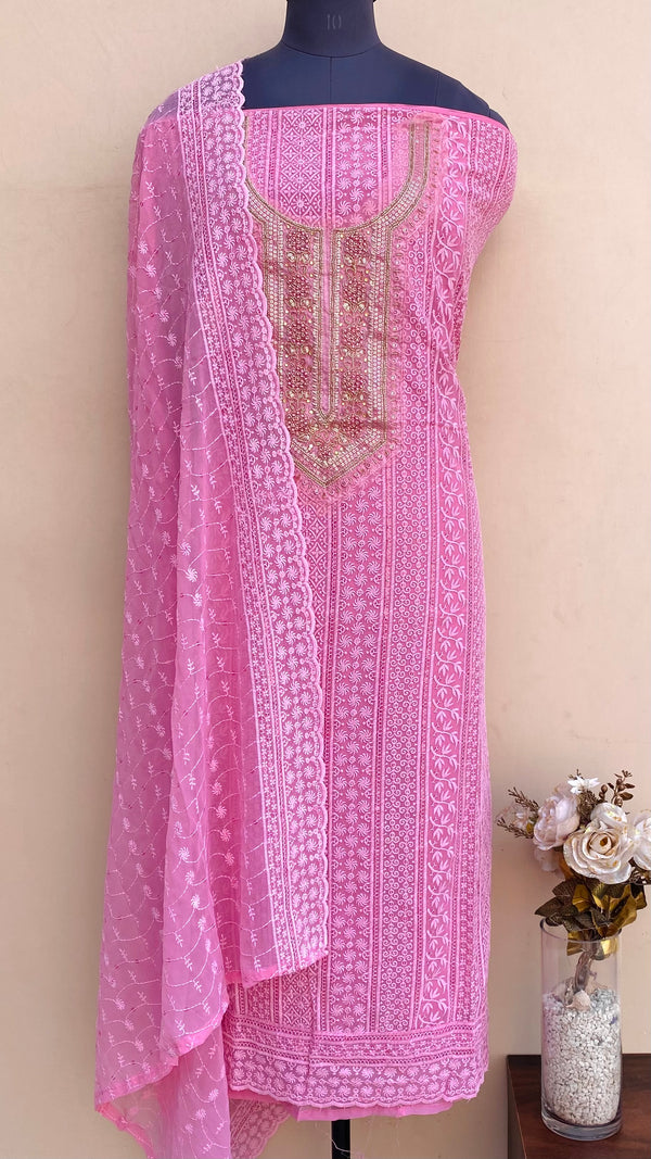 Chikankari Suit Length 3 Piece Pink Georgette With Cutdana & Sequence Work