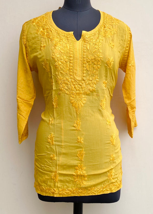 Lucknowi Chikankari Short Kurti Yellow Modal Cotton With Self Work