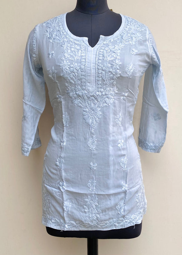 Lucknowi Chikankari Short Kurti Powder Blue Modal Cotton With Self Work