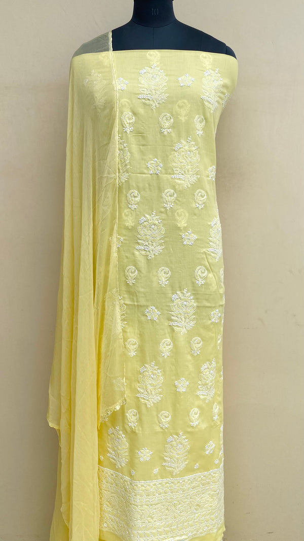 Lucknowi Chikankari Suit Length 3 Piece Yellow Cotton