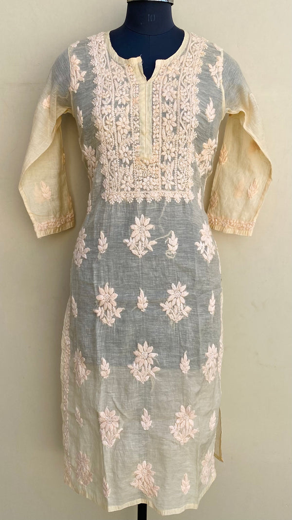 Lucknowi Chikankari Kurti Peach Mal Chanderi With Self 3D Work